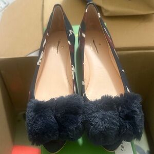Kate Spade Ericka Fox Ballet Flats Navy Print Fur Pom Pom Bow Size 8